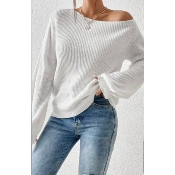 White Asymmetric Neck Lantern Sleeve Pullovers - Picture 2 of 4